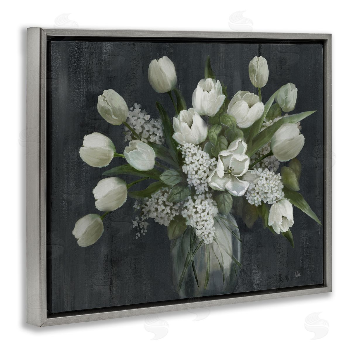 Traditional Tulips on Gray Grey Floating Frame Canvas Wall Art, Home Decor by Nan
