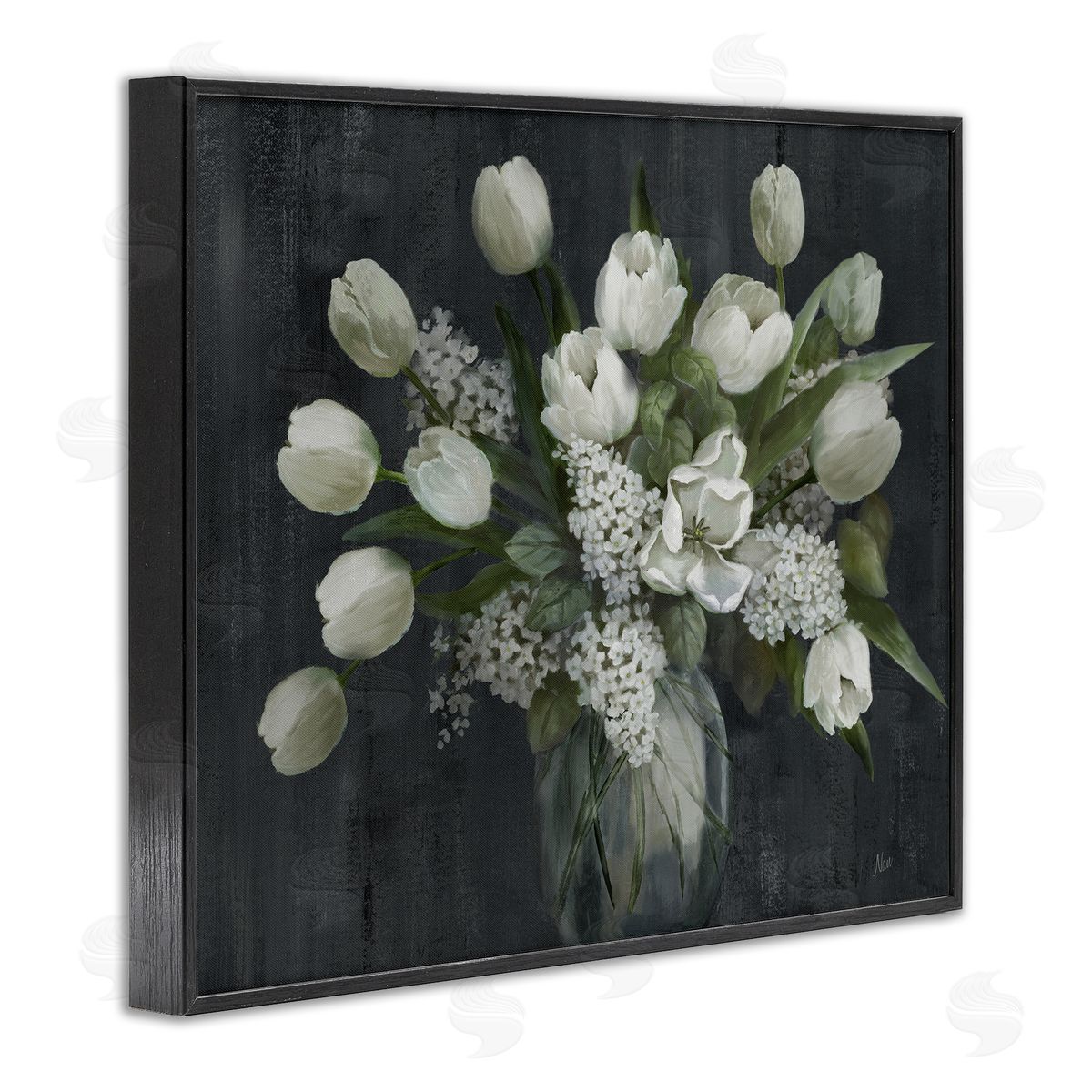 Traditional Tulips on Gray Black Frame Print Wall Art, Home Decor by Nan