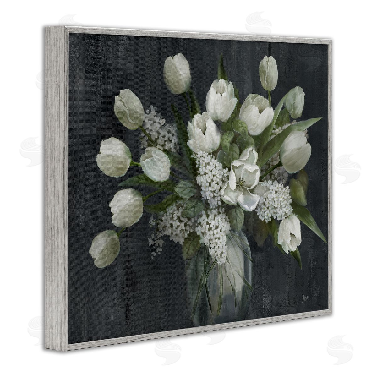 Traditional Tulips on Gray Grey Frame Print Wall Art, Home Decor by Nan