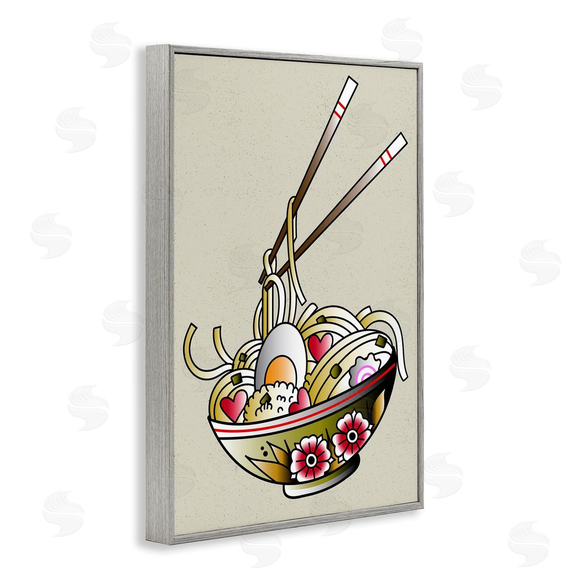 Tattoo Style Ramen Bowl Grey Frame Print Wall Art, Home Decor by Incado