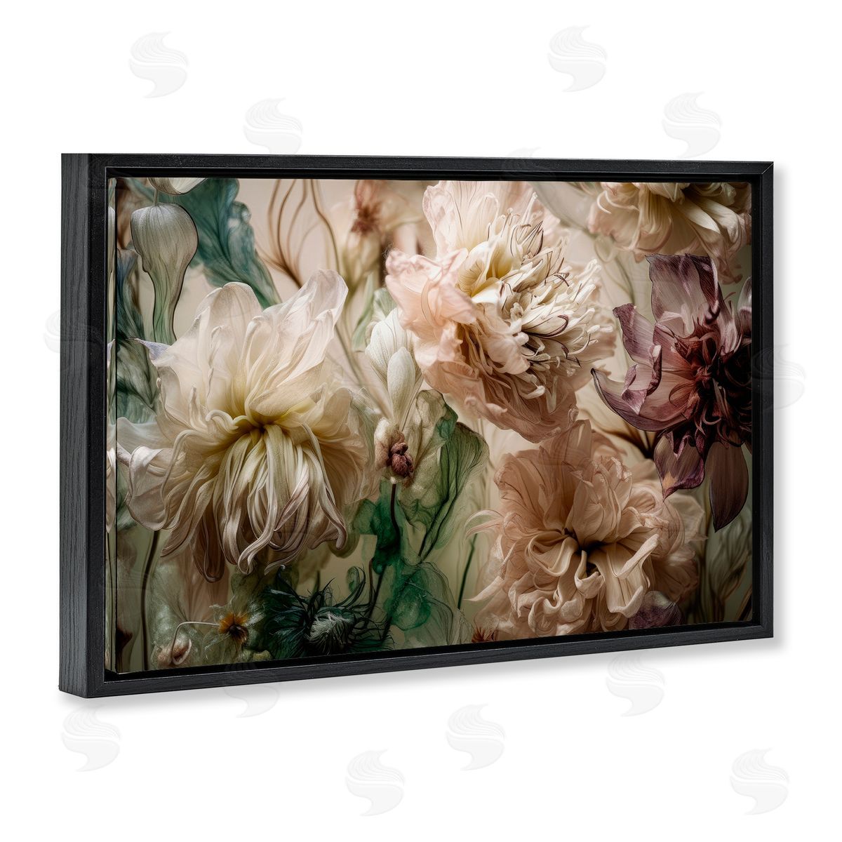 Blush Toned Flowers Black Floating Frame Canvas Wall Art, Home Decor by Incado