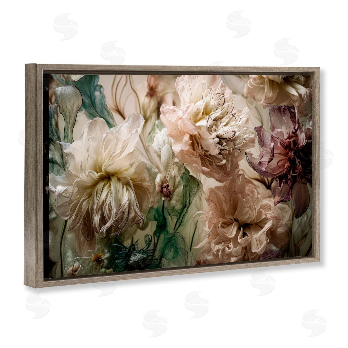 Blush Toned Flowers Brown Floating Frame Canvas Wall Art, Home Decor by Incado