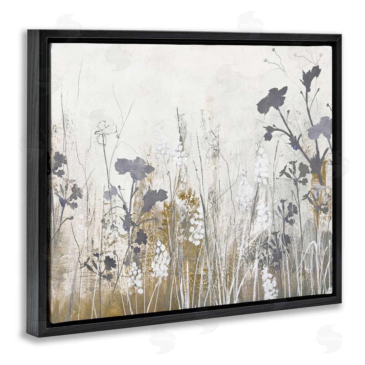 Grey Flower Silhouettes Black Floating Frame Canvas Wall Art, Home Decor by Design Fabrikken