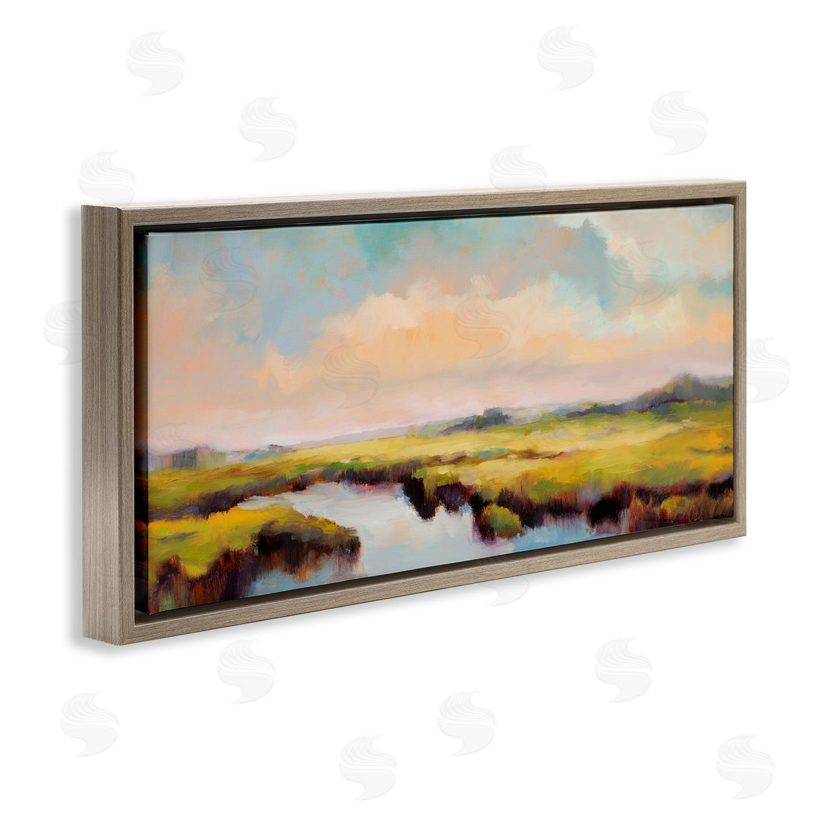 Sunrise over Rural Stream Brown Floating Frame Canvas Wall Art, Home Decor by Odile
