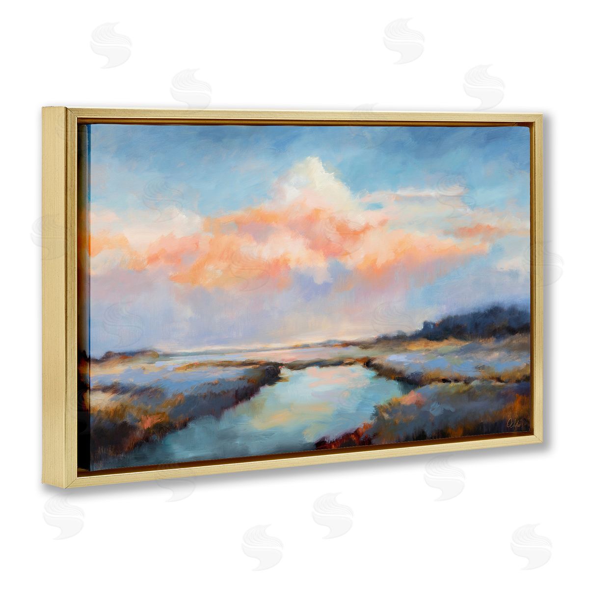 River with Pastel Clouds Gold Floating Frame Canvas Wall Art, Home Decor by Odile