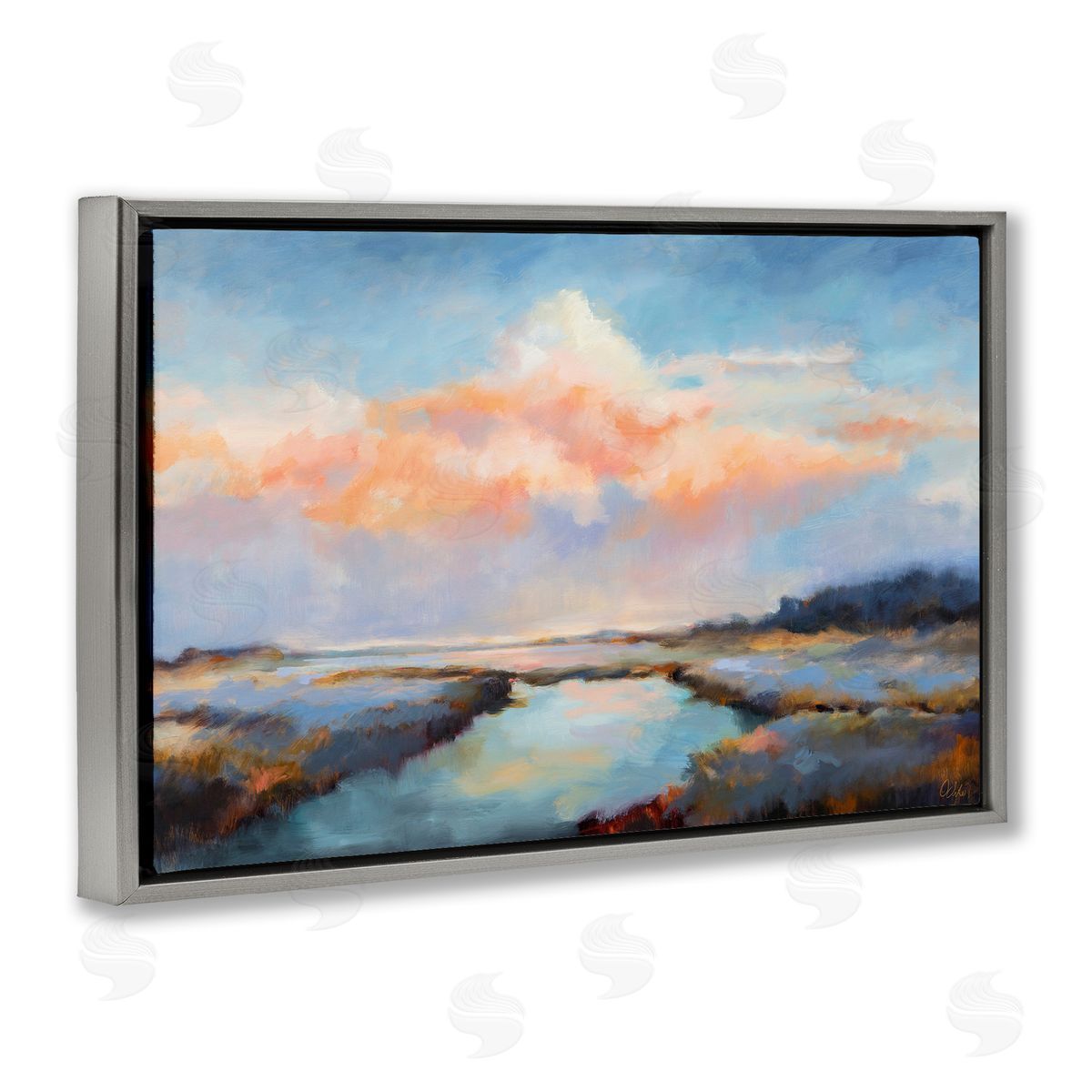 River with Pastel Clouds Grey Floating Frame Canvas Wall Art, Home Decor by Odile