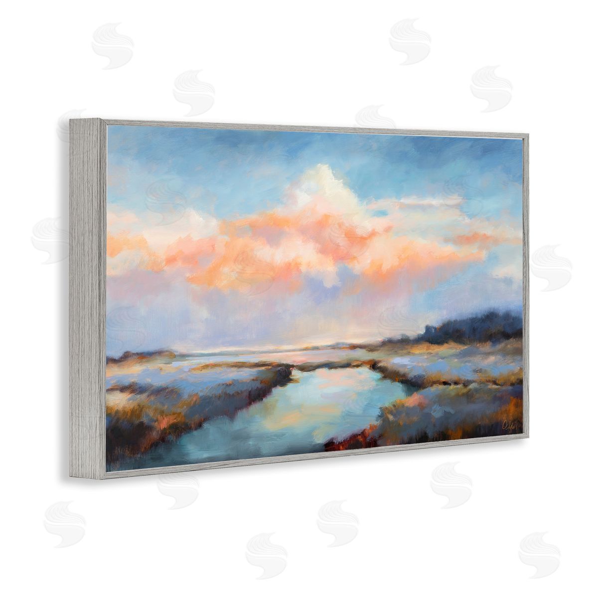 River with Pastel Clouds Grey Frame Print Wall Art, Home Decor by Odile