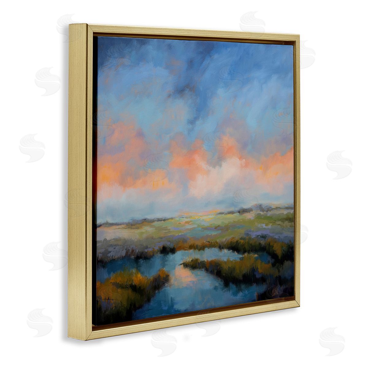Pastel Cloud Reflection Gold Floating Frame Canvas Wall Art, Home Decor by Odile