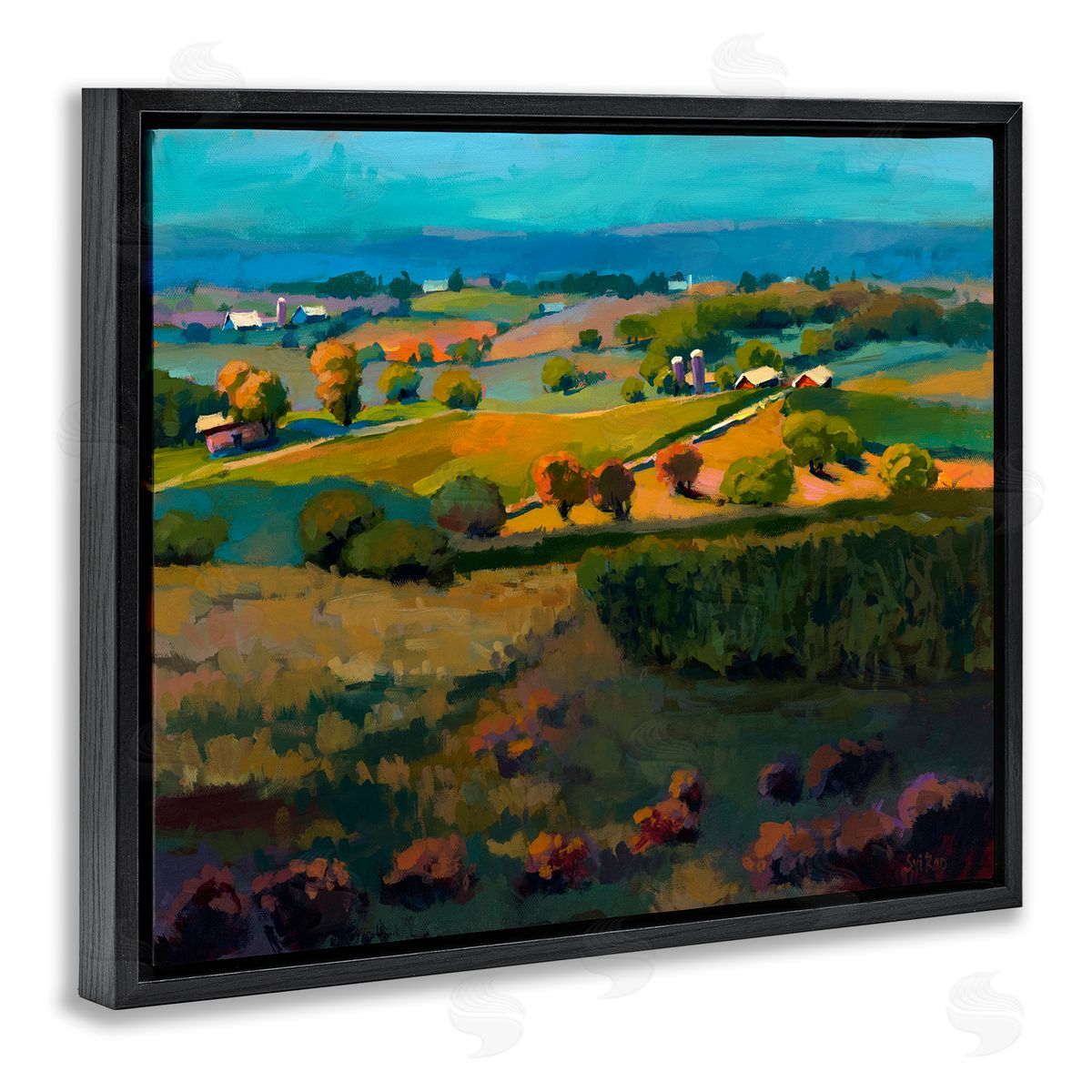 Countryside Farms Landscape Black Floating Frame Canvas Wall Art, Home Decor by Sri Rao