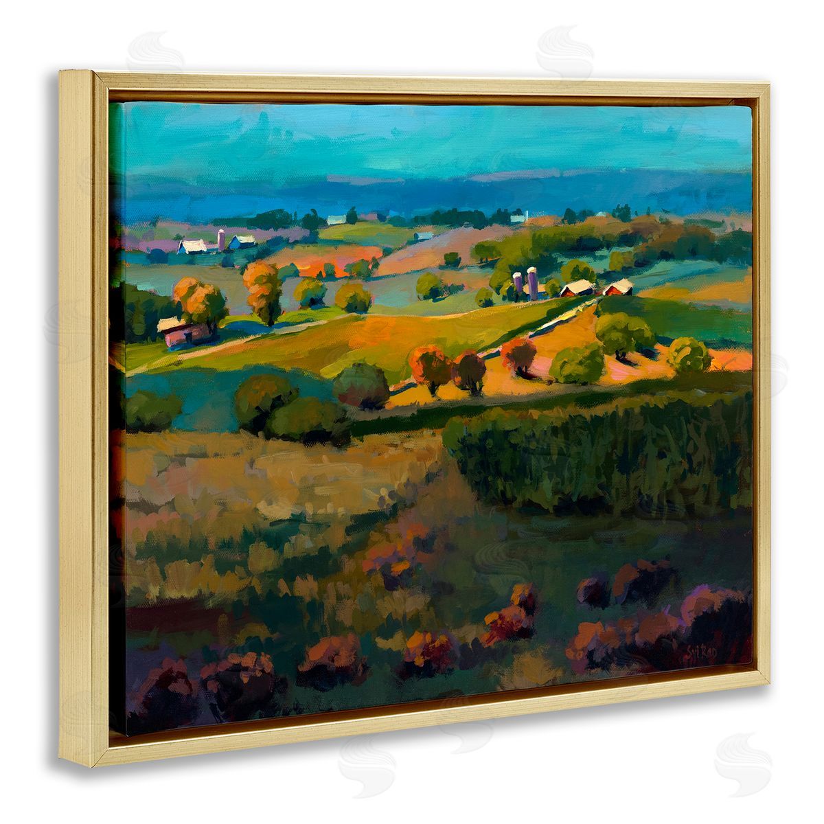 Countryside Farms Landscape Gold Floating Frame Canvas Wall Art, Home Decor by Sri Rao