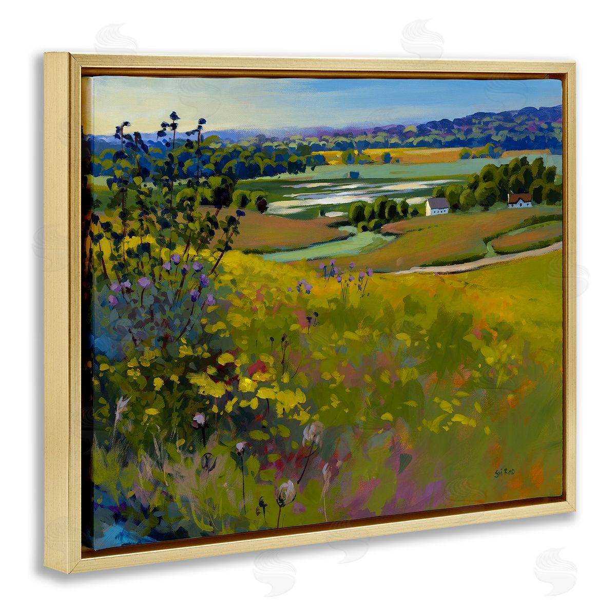 Country Cottages View Gold Floating Frame Canvas Wall Art, Home Decor by Sri Rao