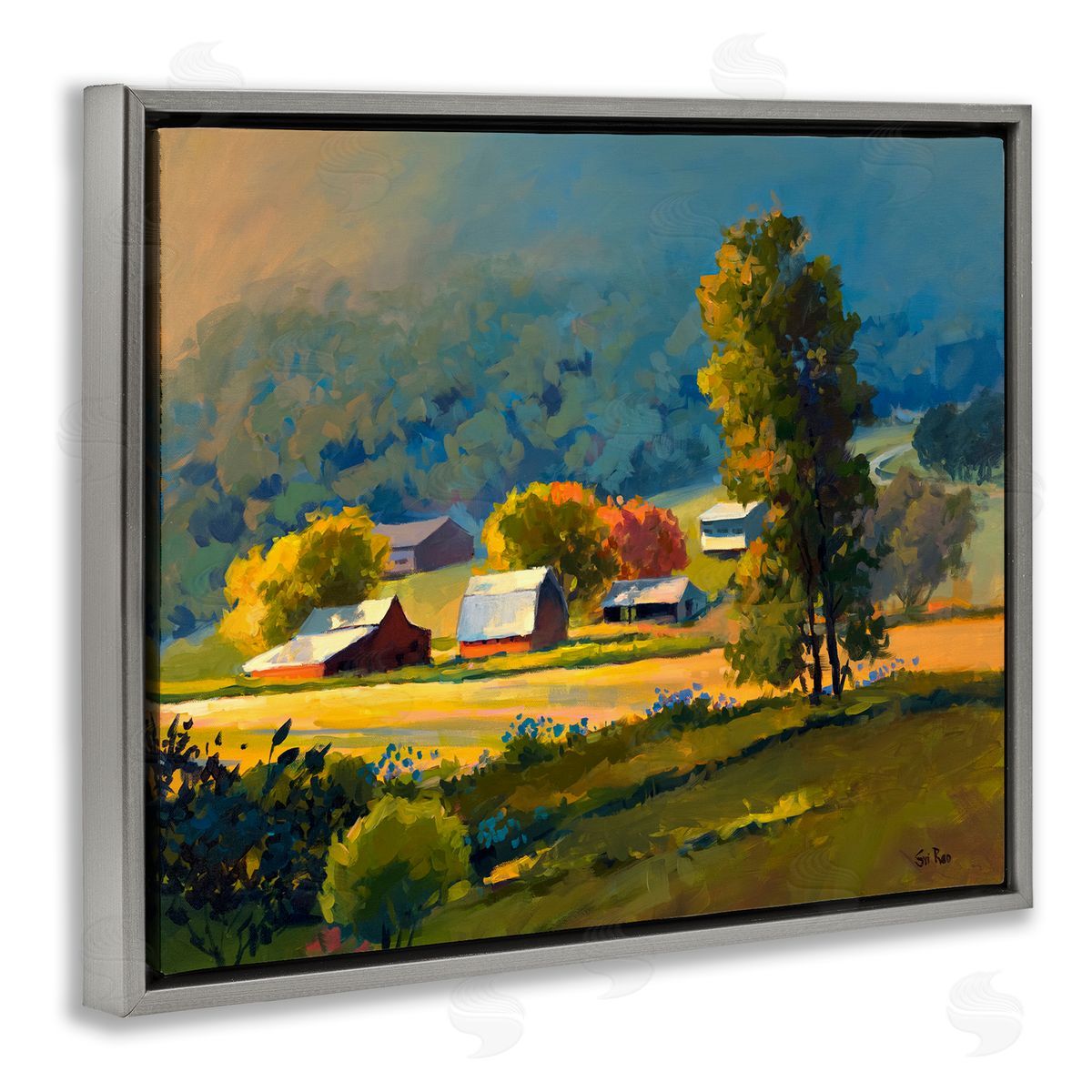 Early Fall Farmland Grey Floating Frame Canvas Wall Art, Home Decor by Sri Rao