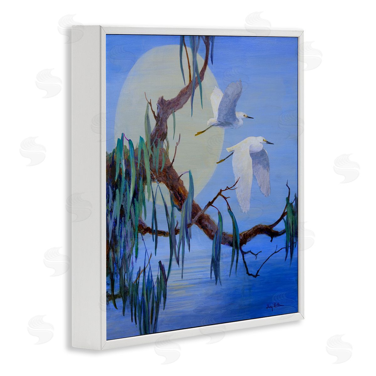 Shining Moon & Birds White Frame Print Wall Art, Home Decor by Floy Zittin