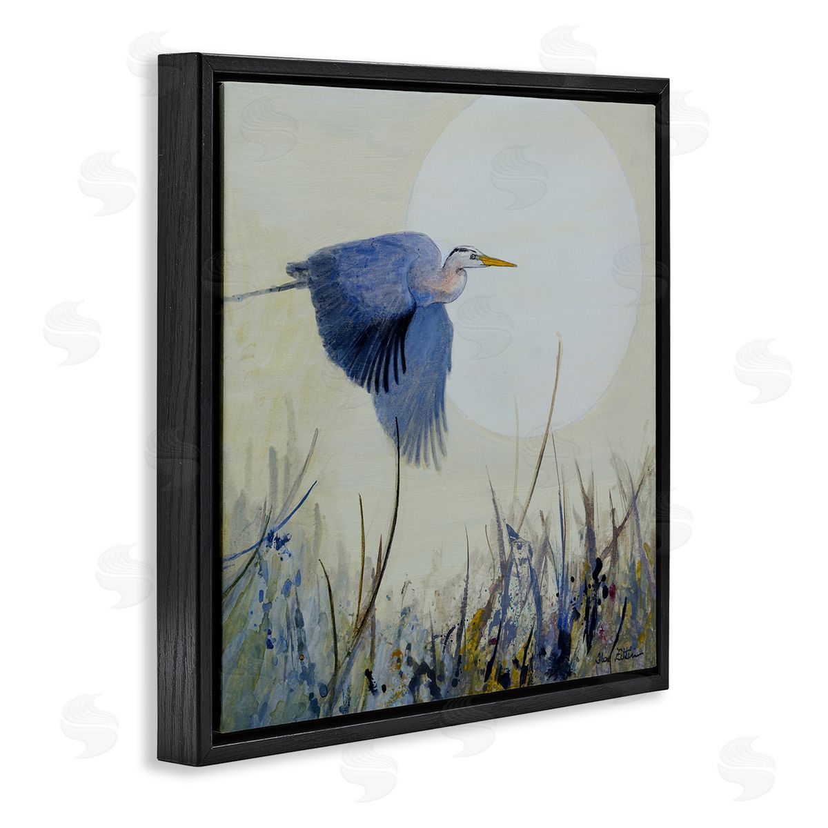 Full Moon & Heron Black Floating Frame Canvas Wall Art, Home Decor by Floy Zittin