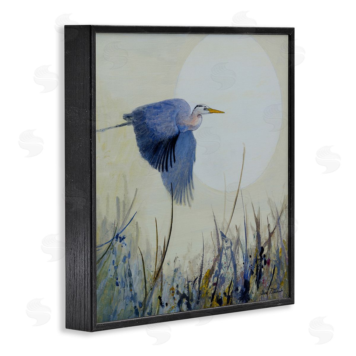 Full Moon & Heron Black Frame Print Wall Art, Home Decor by Floy Zittin