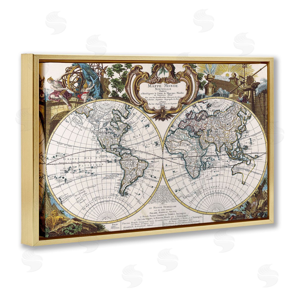 Classic Inspired World Map Gold Floating Frame Canvas Wall Art, Home Decor by Chris Donovan