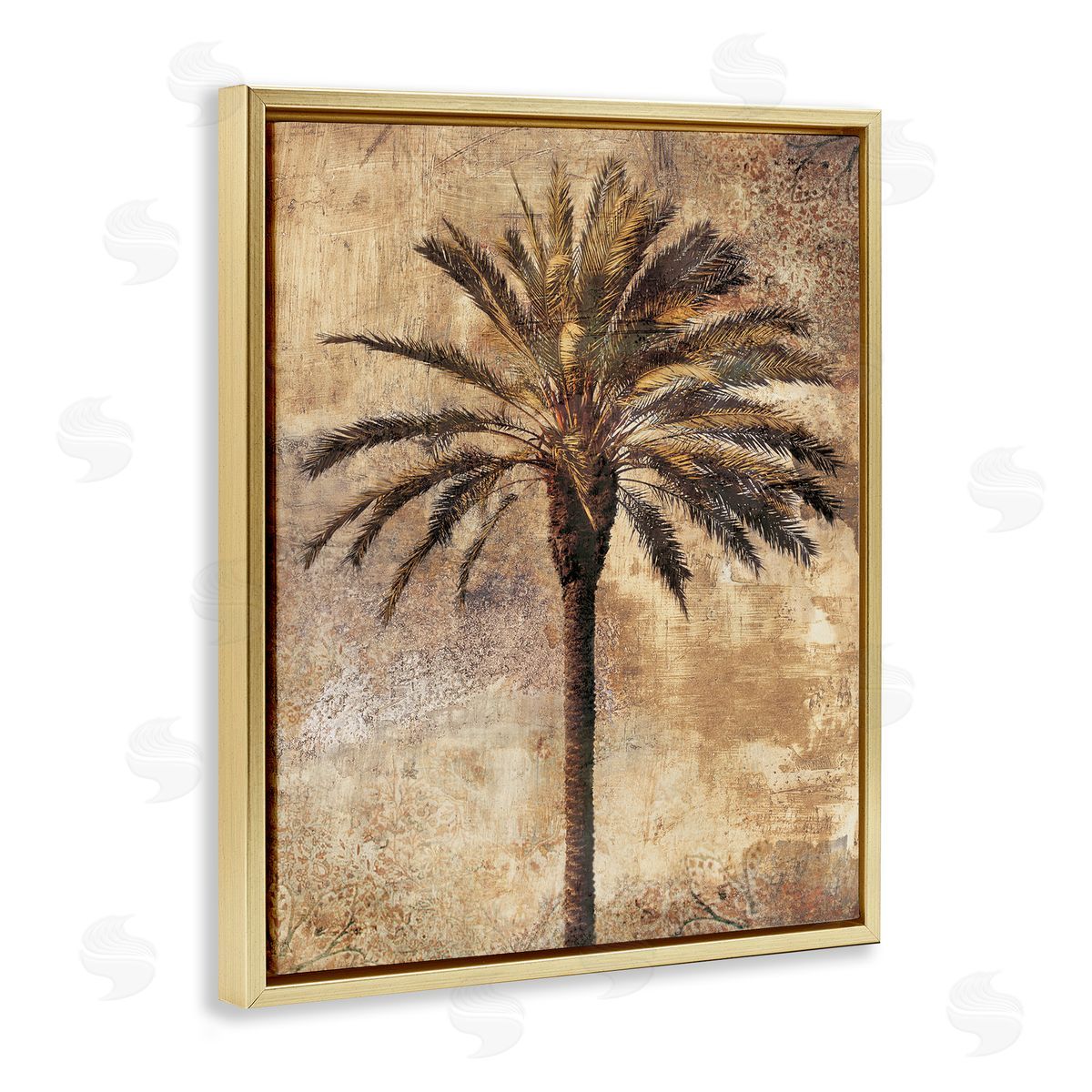 Distressed Palm Tree Gold Floating Frame Canvas Wall Art, Home Decor by Dan Sproul