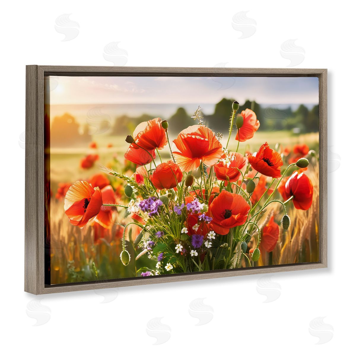 Bright Sunlit Spring Meadow Brown Floating Frame Canvas Wall Art, Home Decor by Alina Georgescu