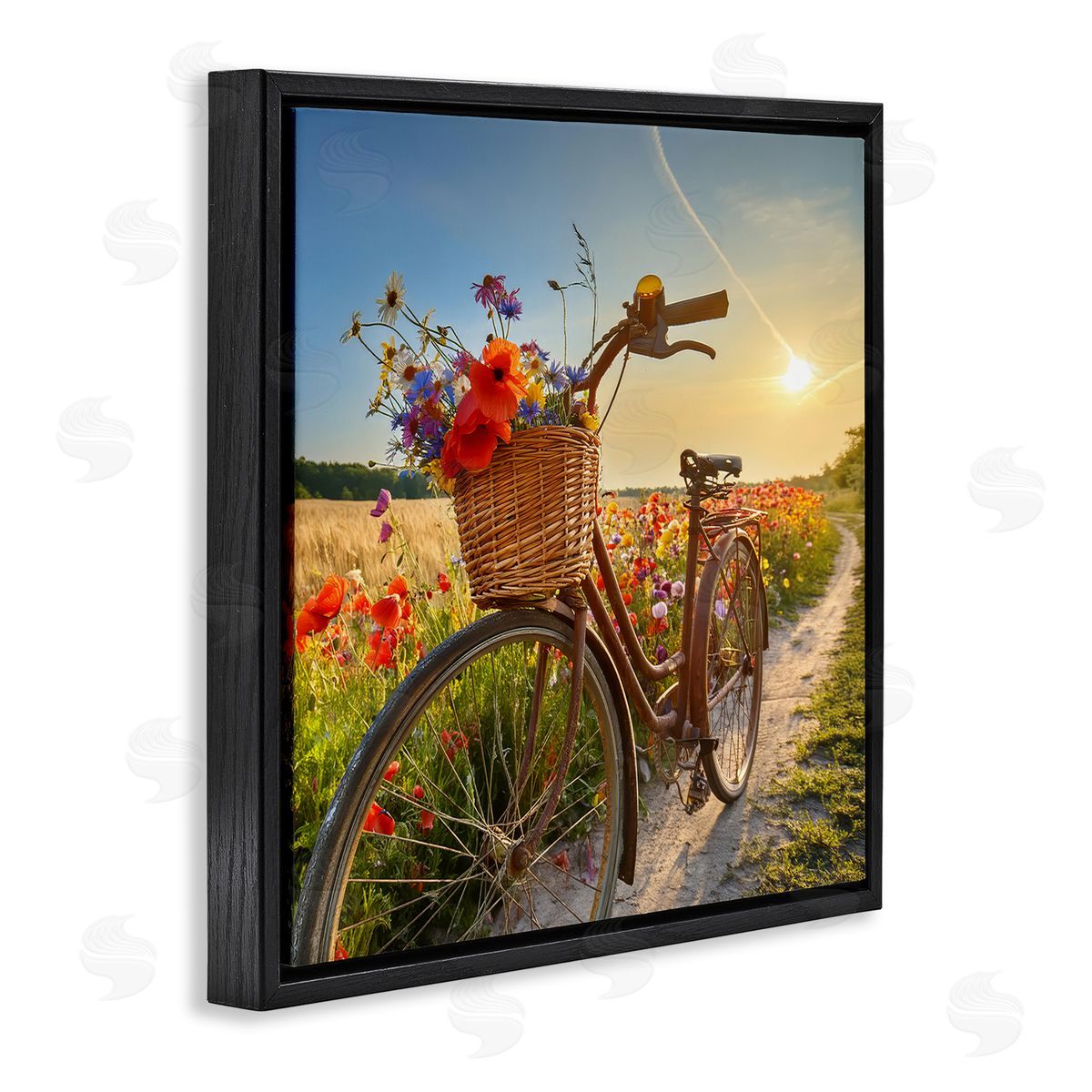 Flower Stop Bicycle Black Floating Frame Canvas Wall Art, Home Decor by Alina Georgescu