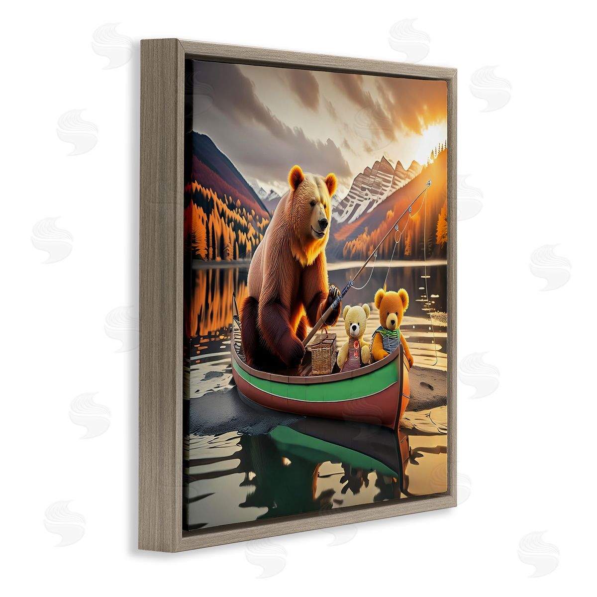 Bear & Friends on Boat Brown Floating Frame Canvas Wall Art, Home Decor by Alina Georgescu