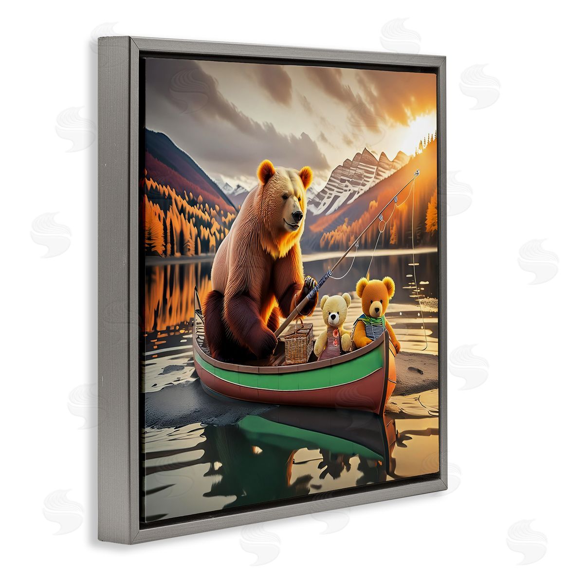 Bear & Friends on Boat Grey Floating Frame Canvas Wall Art, Home Decor by Alina Georgescu