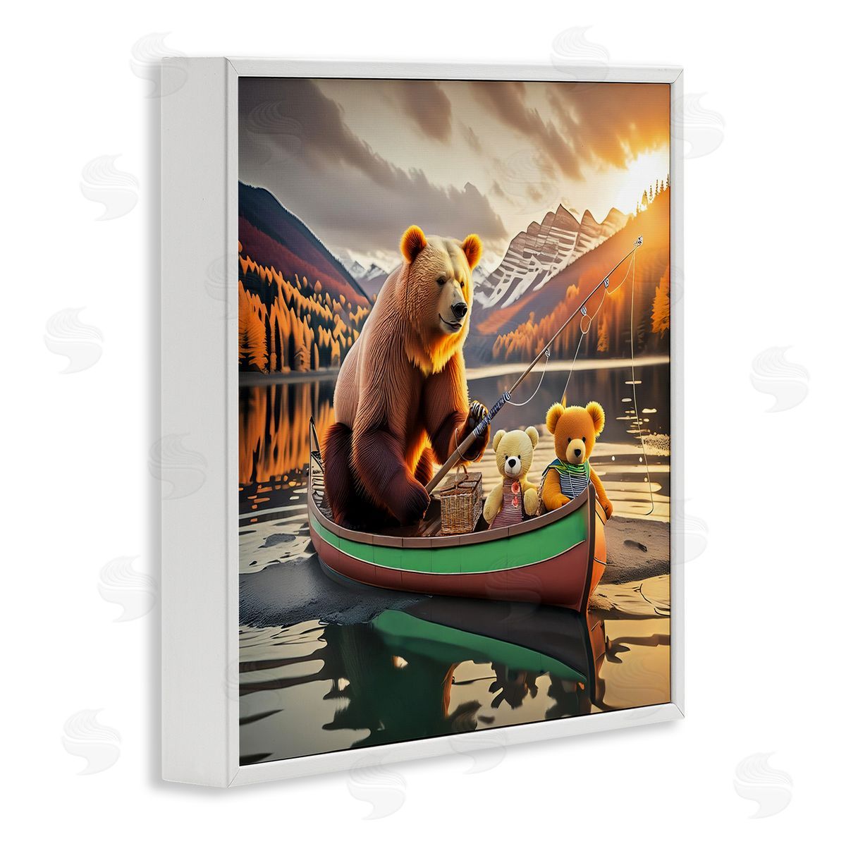 Bear & Friends on Boat White Frame Print Wall Art, Home Decor by Alina Georgescu