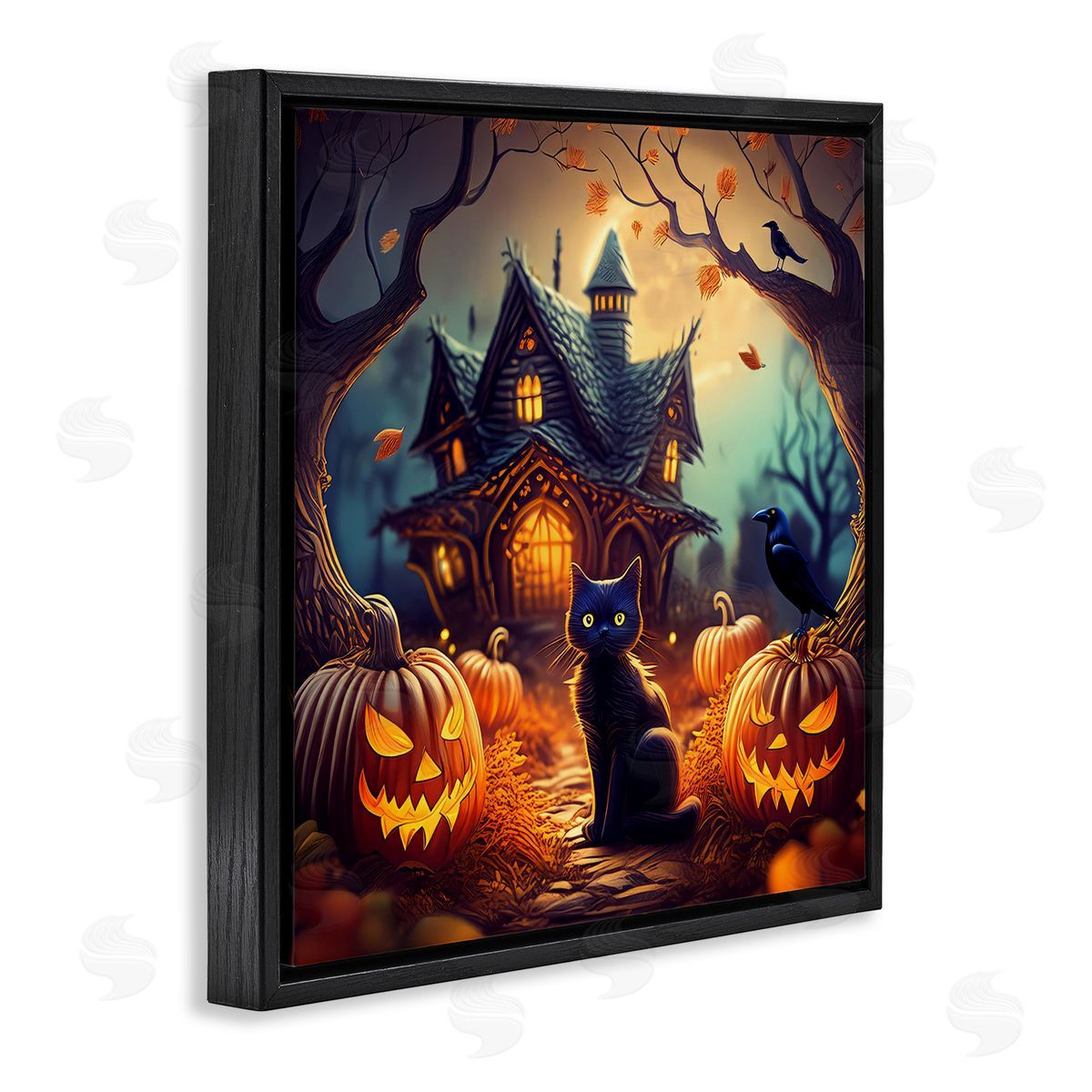 Haunted House & Black Cat Black Floating Frame Canvas Wall Art, Home Decor by Alina Georgescu