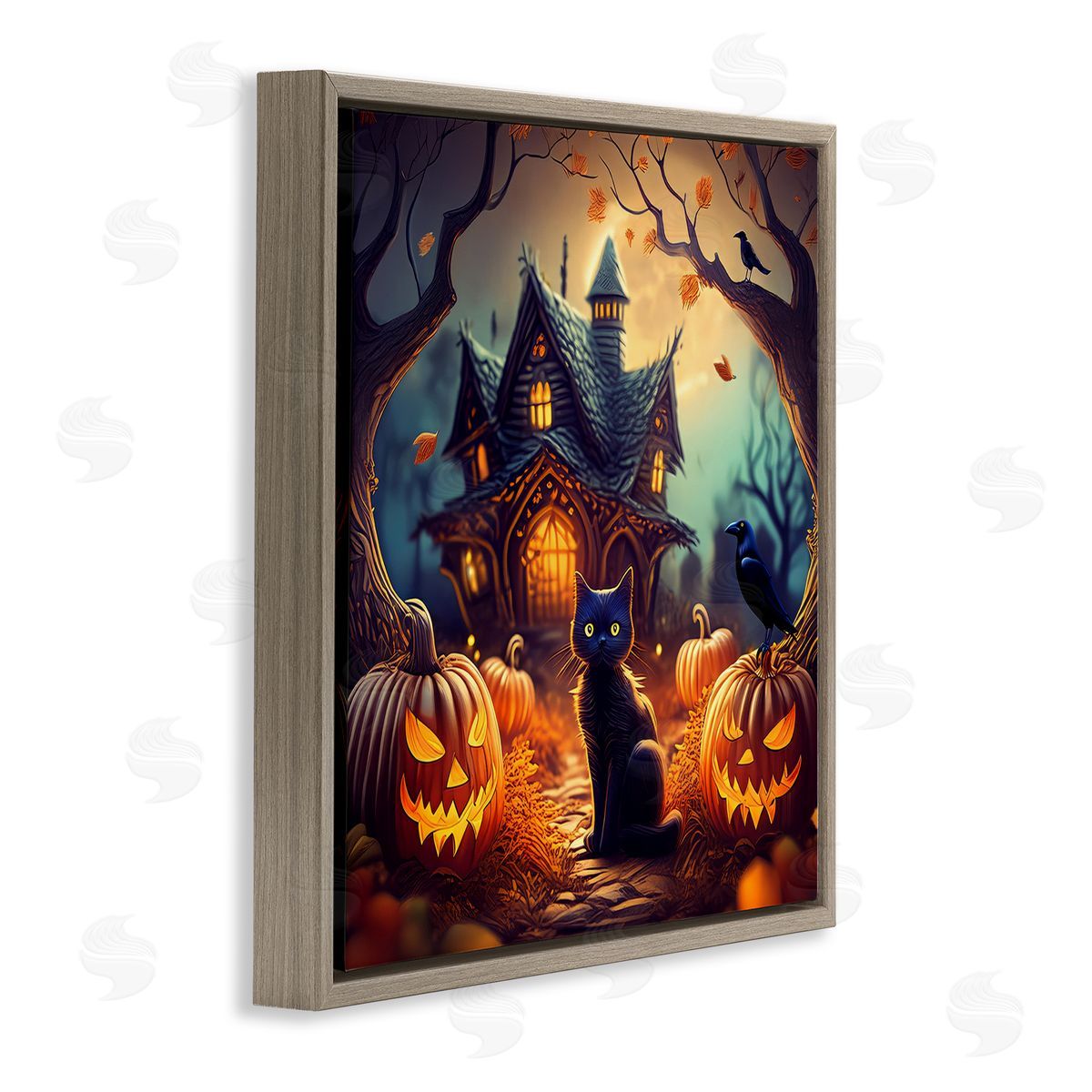 Haunted House & Black Cat Brown Floating Frame Canvas Wall Art, Home Decor by Alina Georgescu