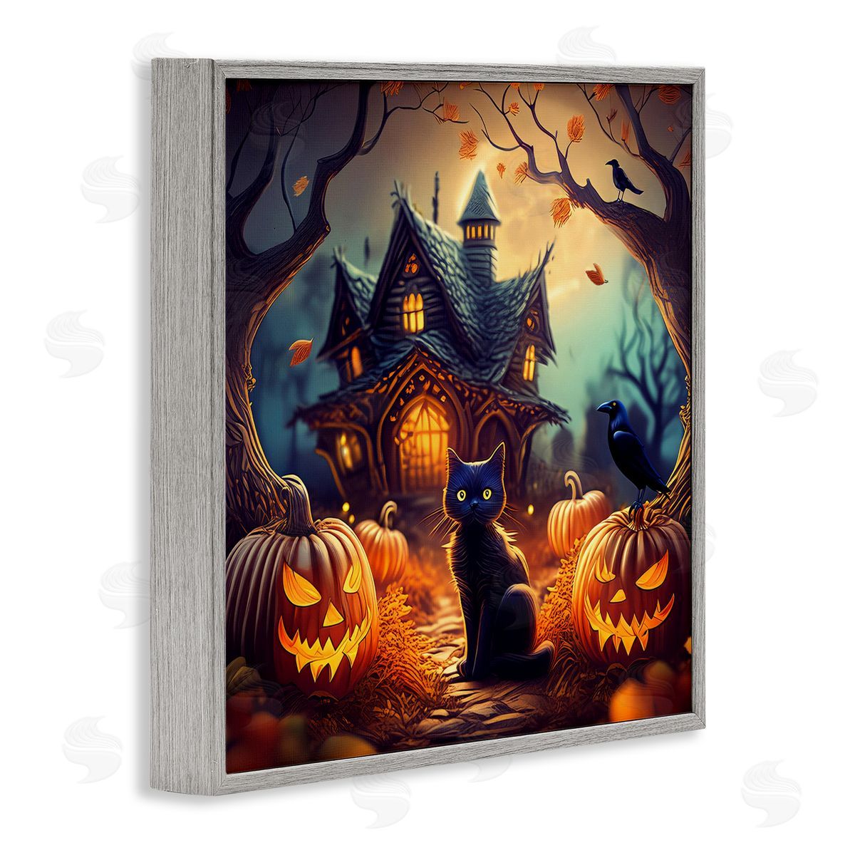 Haunted House & Black Cat Grey Frame Print Wall Art, Home Decor by Alina Georgescu