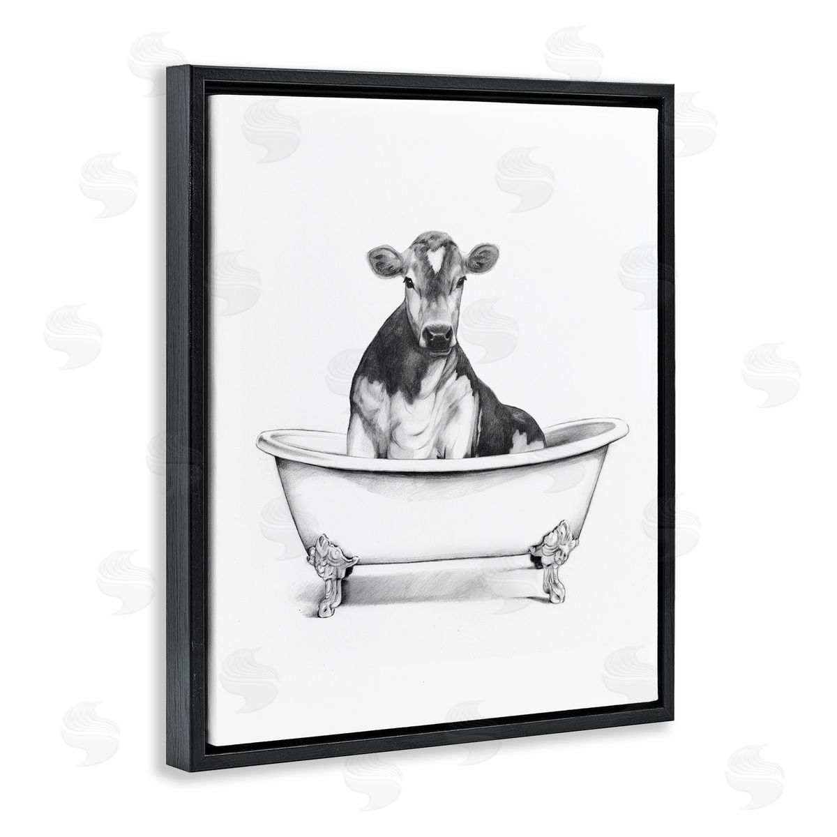 Antique Tub with Cow Black Floating Frame Canvas Wall Art, Home Decor by Victoria Borges
