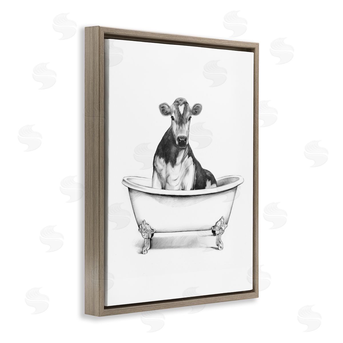Antique Tub with Cow Brown Floating Frame Canvas Wall Art, Home Decor by Victoria Borges