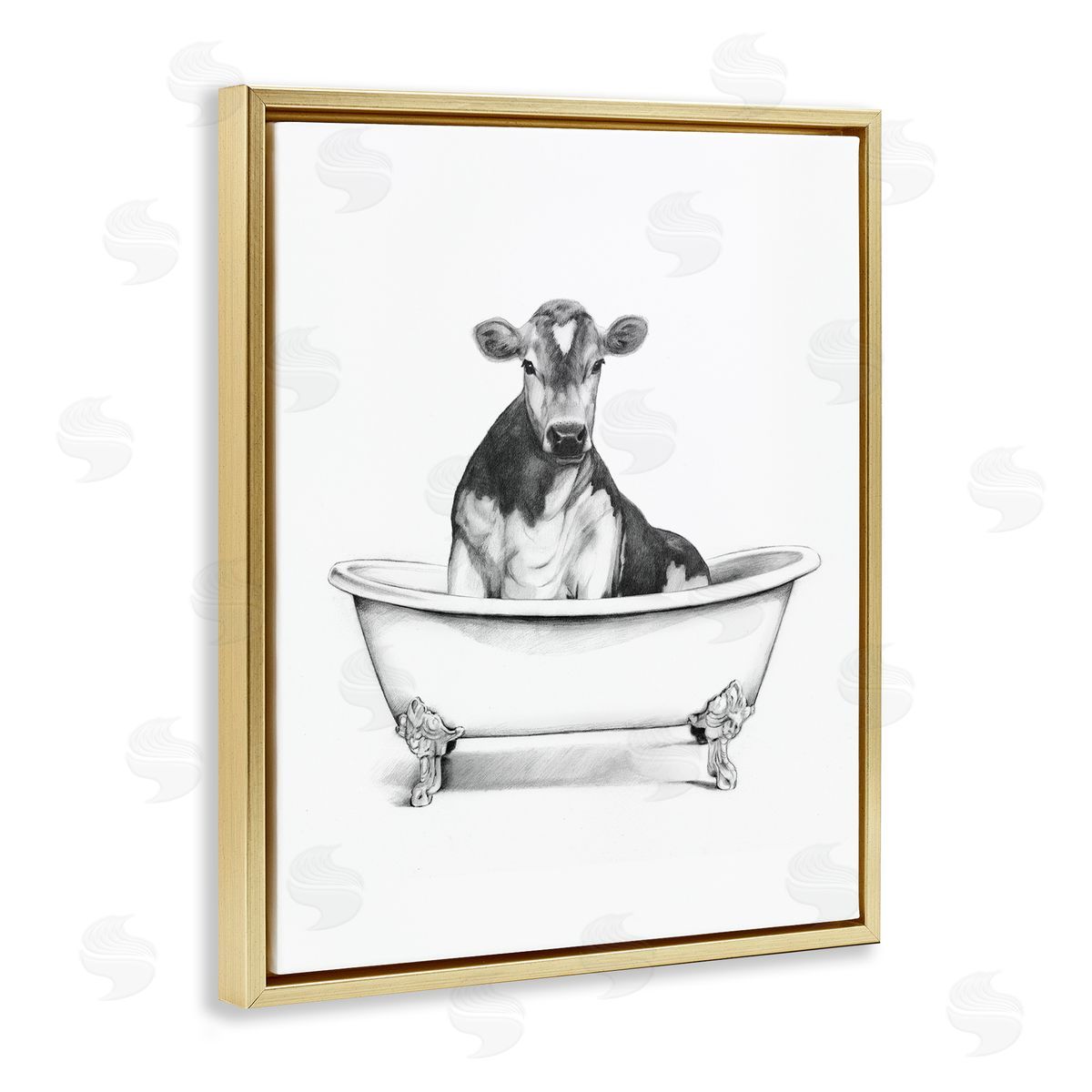 Antique Tub with Cow Gold Floating Frame Canvas Wall Art, Home Decor by Victoria Borges