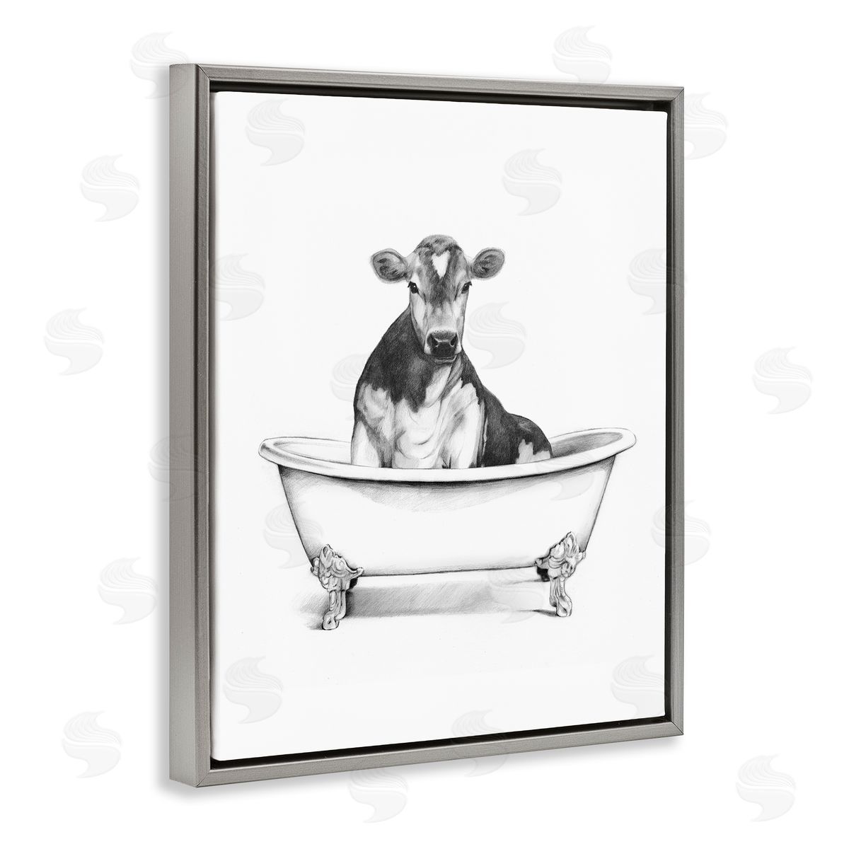 Antique Tub with Cow Grey Floating Frame Canvas Wall Art, Home Decor by Victoria Borges