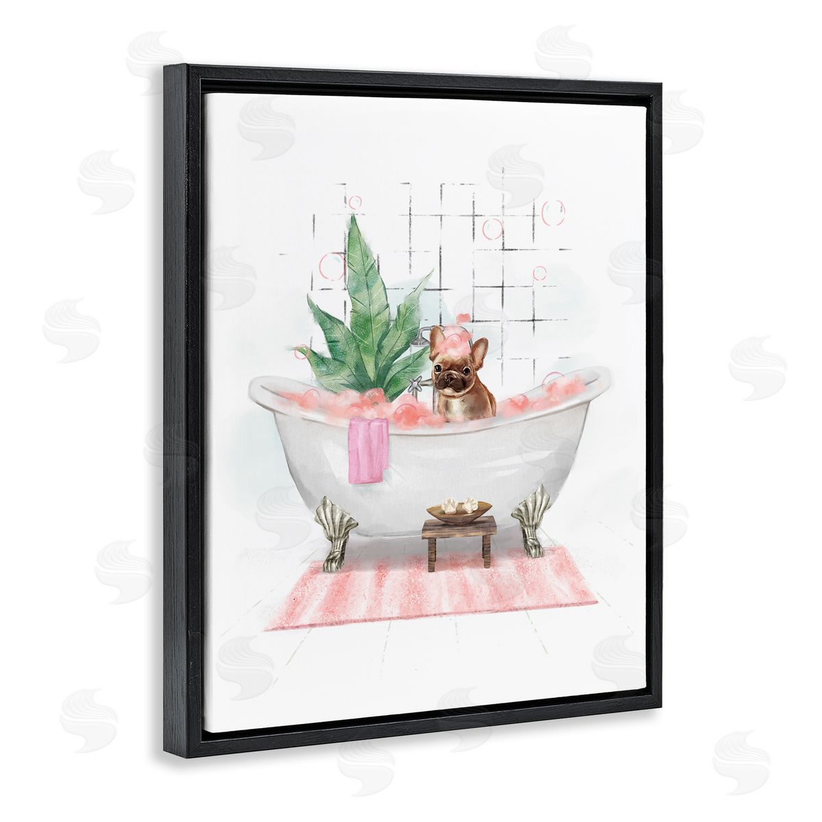 Glam Pug in Tub Black Floating Frame Canvas Wall Art, Home Decor by Ziwei Li