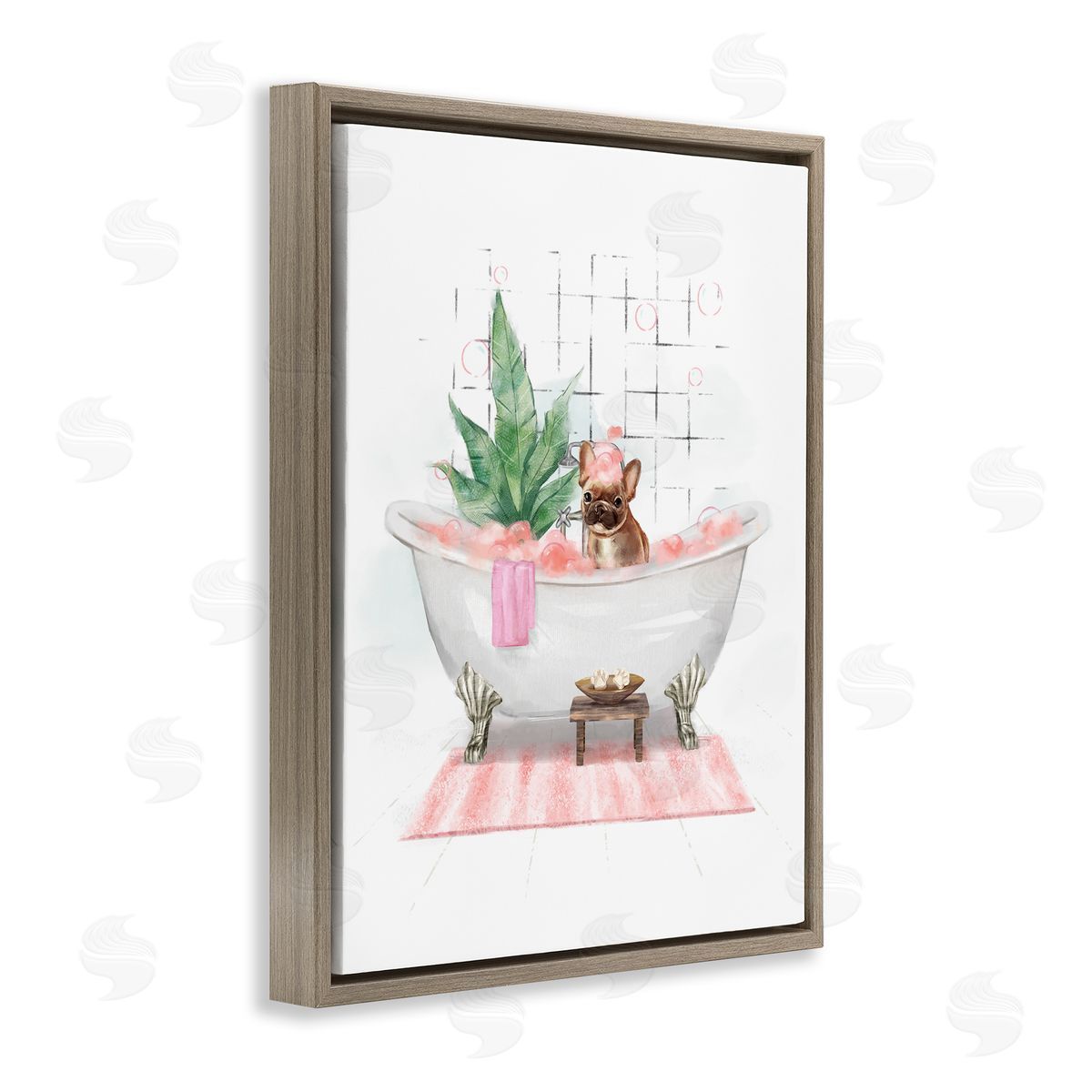 Glam Pug in Tub Brown Floating Frame Canvas Wall Art, Home Decor by Ziwei Li