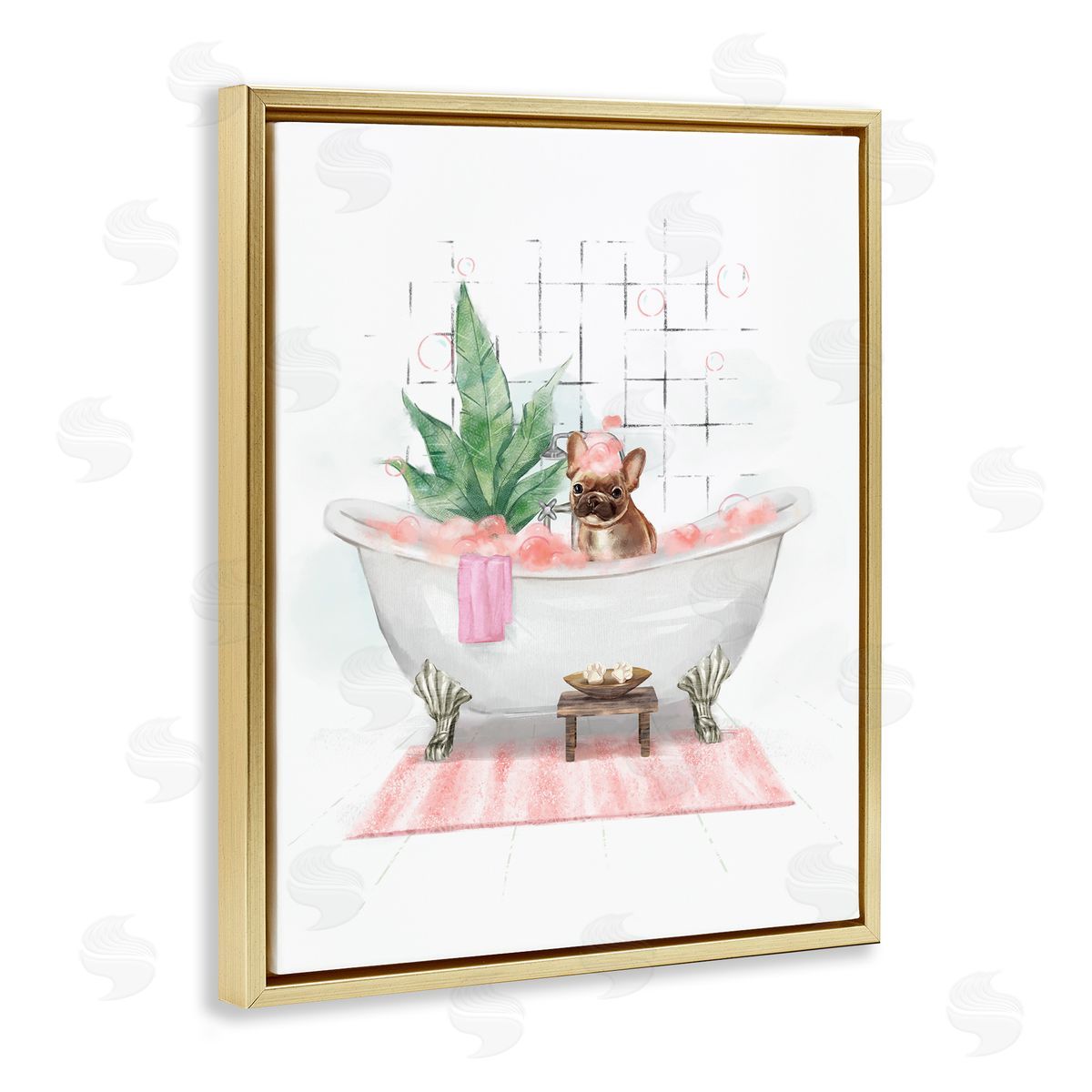 Glam Pug in Tub Gold Floating Frame Canvas Wall Art, Home Decor by Ziwei Li