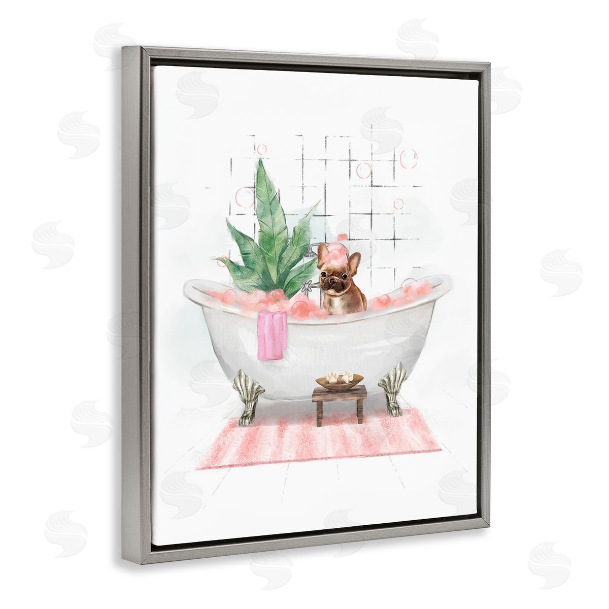 Glam Pug in Tub Grey Floating Frame Canvas Wall Art, Home Decor by Ziwei Li