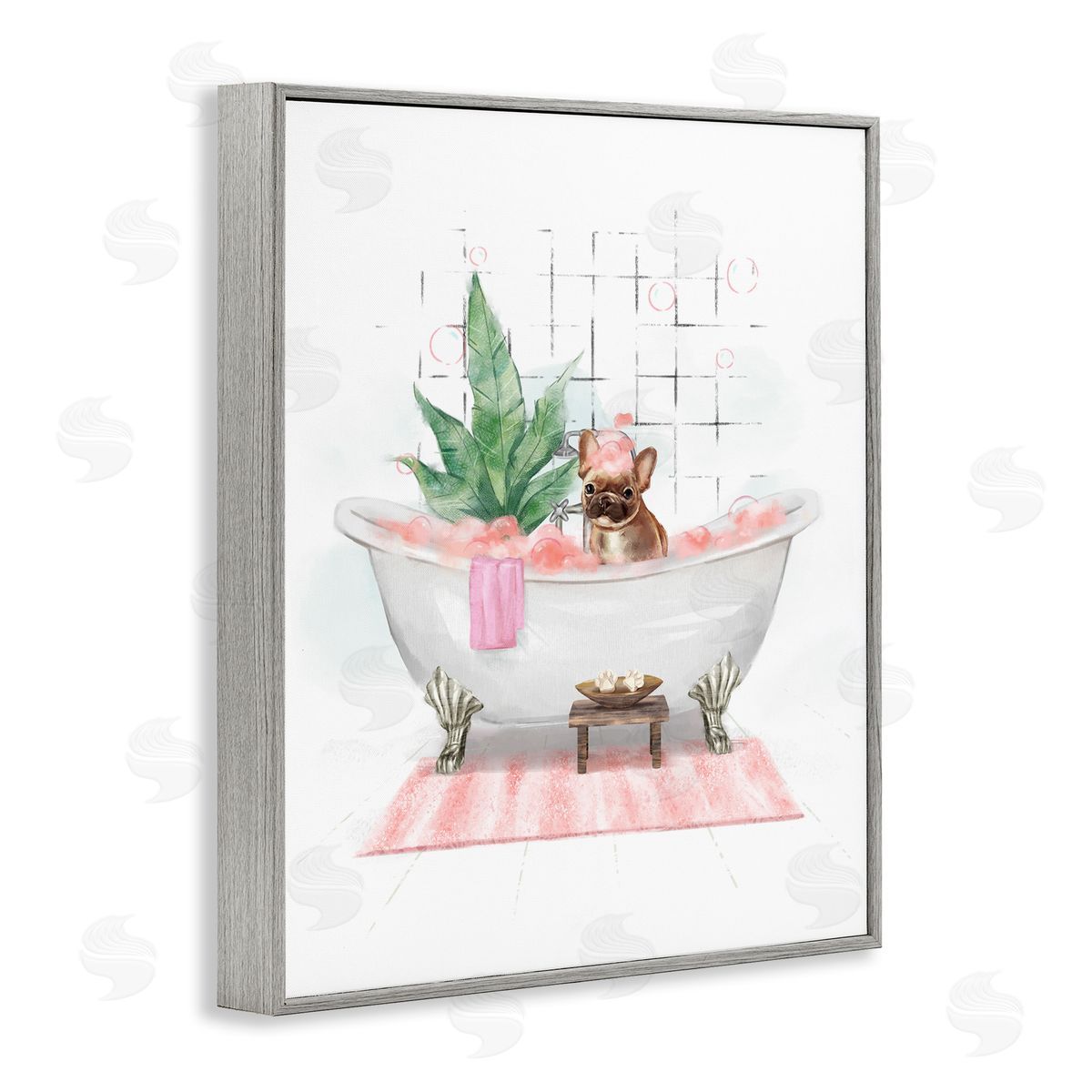 Glam Pug in Tub Grey Frame Print Wall Art, Home Decor by Ziwei Li