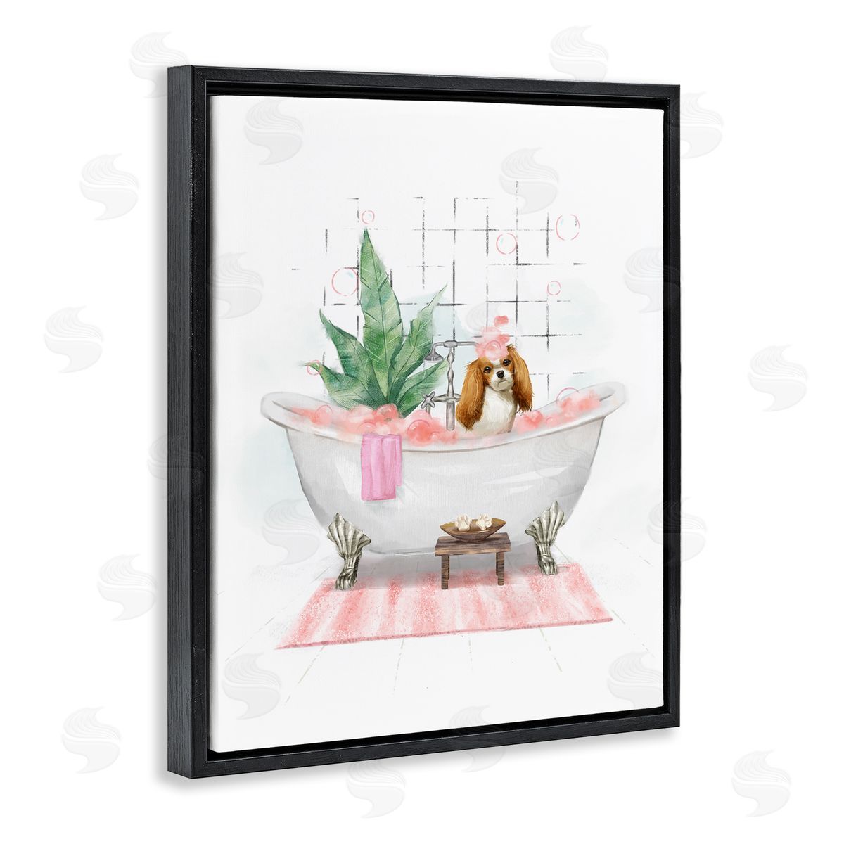 Puppy in Bathtub Pastel Black Floating Frame Canvas Wall Art, Home Decor by Ziwei Li