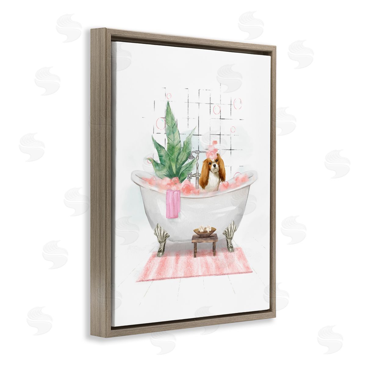 Puppy in Bathtub Pastel Brown Floating Frame Canvas Wall Art, Home Decor by Ziwei Li