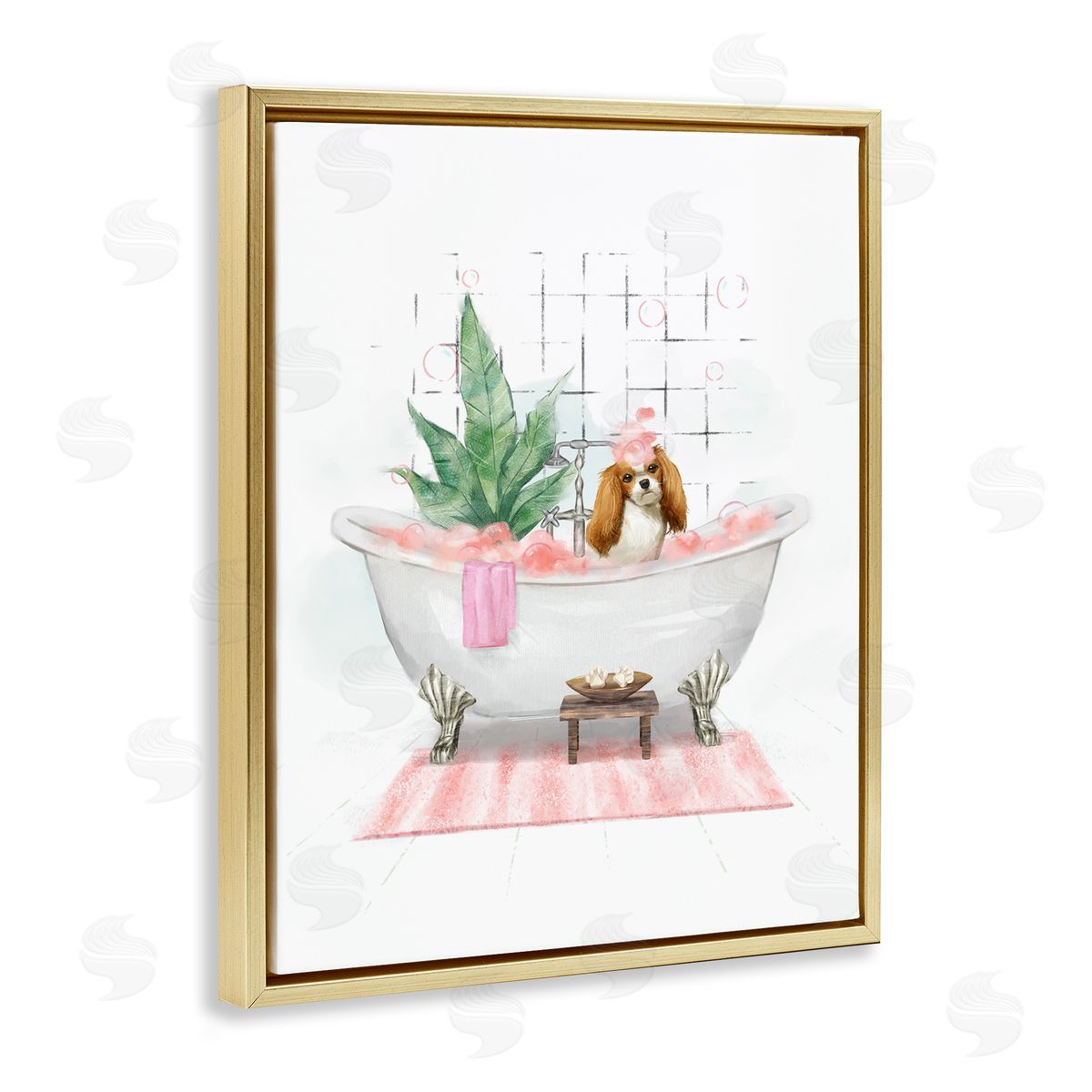 Puppy in Bathtub Pastel Gold Floating Frame Canvas Wall Art, Home Decor by Ziwei Li