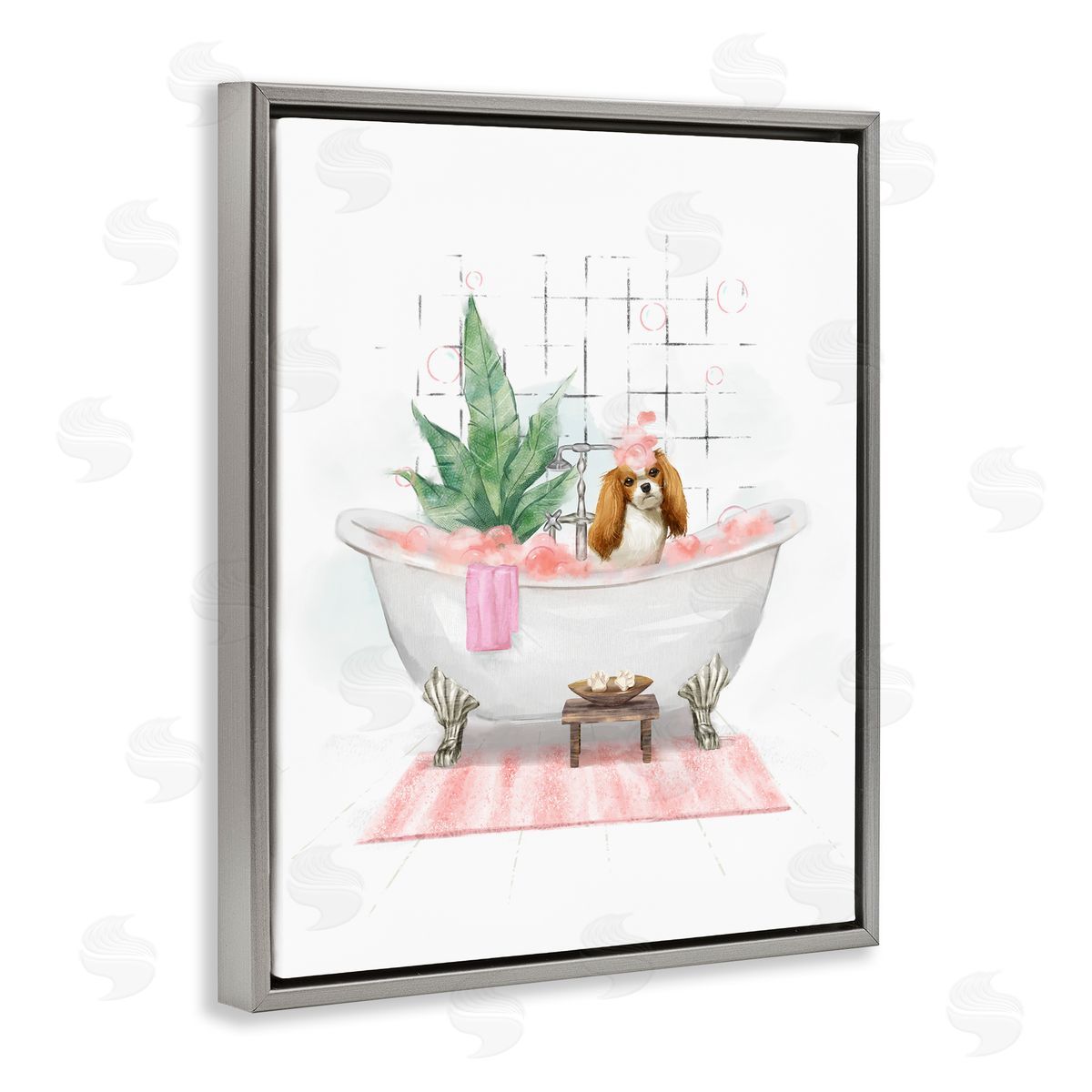 Puppy in Bathtub Pastel Grey Floating Frame Canvas Wall Art, Home Decor by Ziwei Li