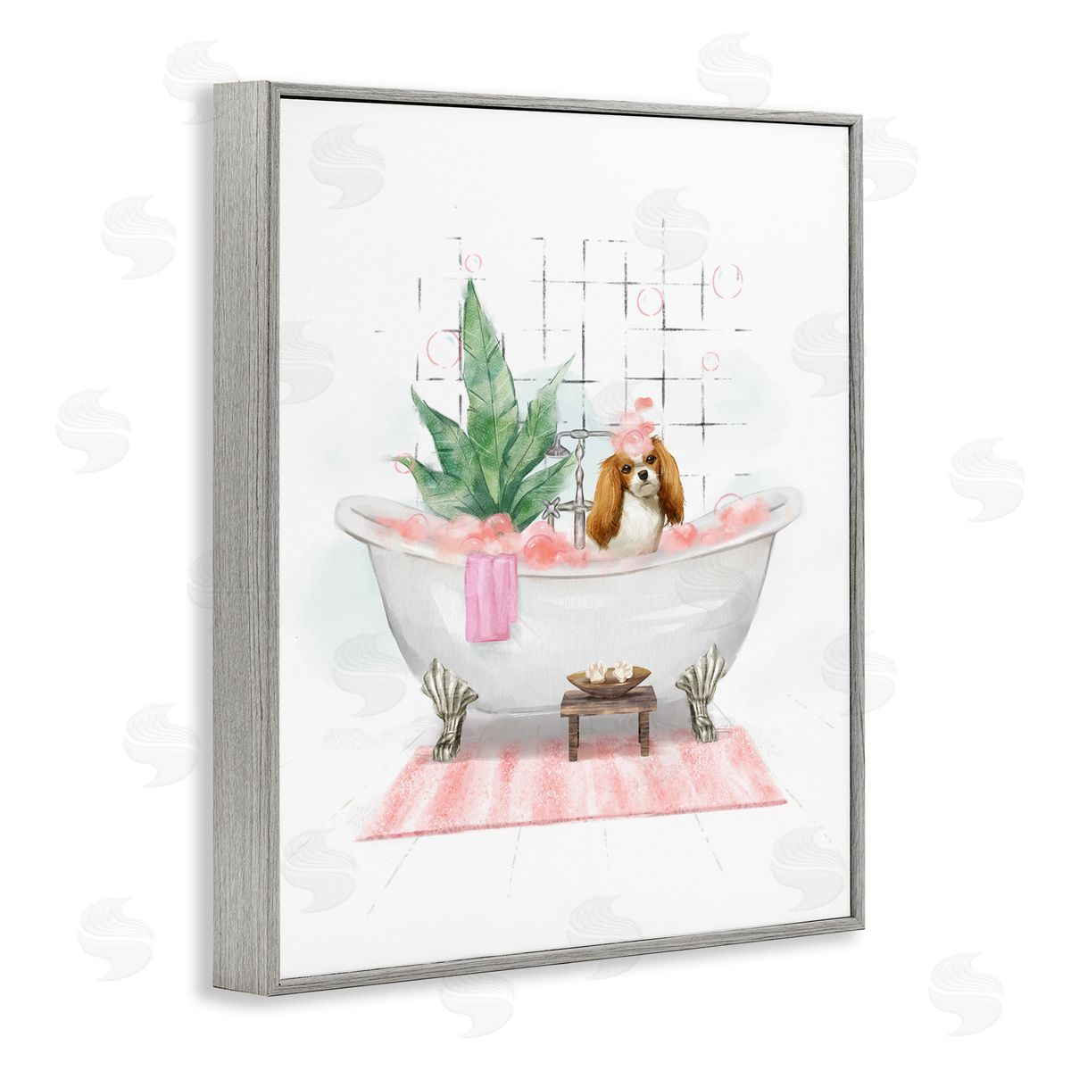 Puppy in Bathtub Pastel Grey Frame Print Wall Art, Home Decor by Ziwei Li