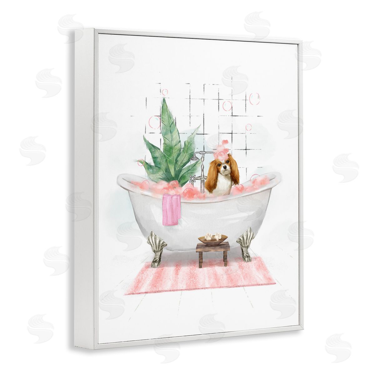 Puppy in Bathtub Pastel White Frame Print Wall Art, Home Decor by Ziwei Li