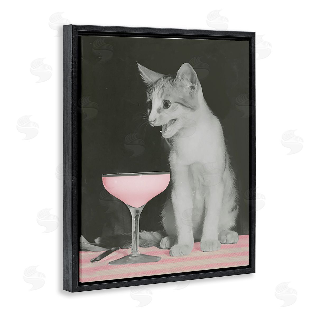 Cat & Pink Drink Black Floating Frame Canvas Wall Art, Home Decor by Stupell Studio