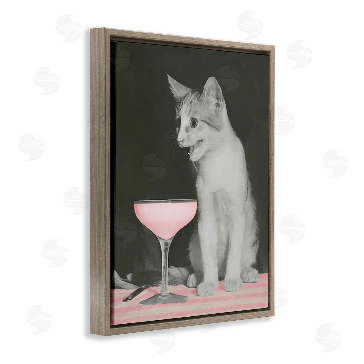 Cat & Pink Drink Brown Floating Frame Canvas Wall Art, Home Decor by Stupell Studio