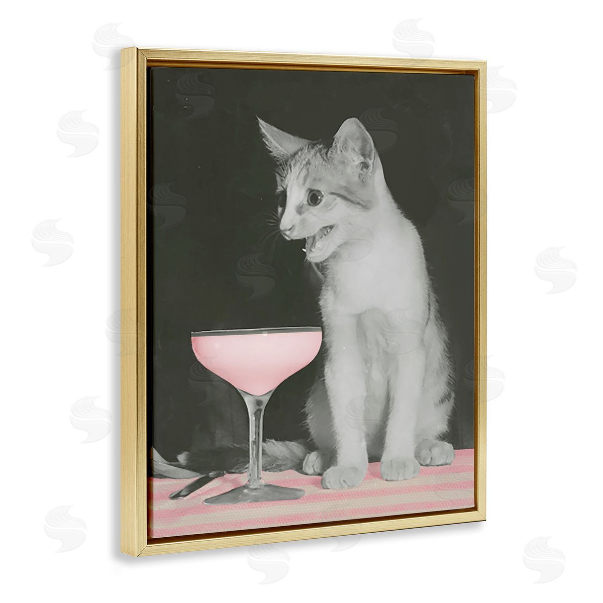 Cat & Pink Drink Gold Floating Frame Canvas Wall Art, Home Decor by Stupell Studio
