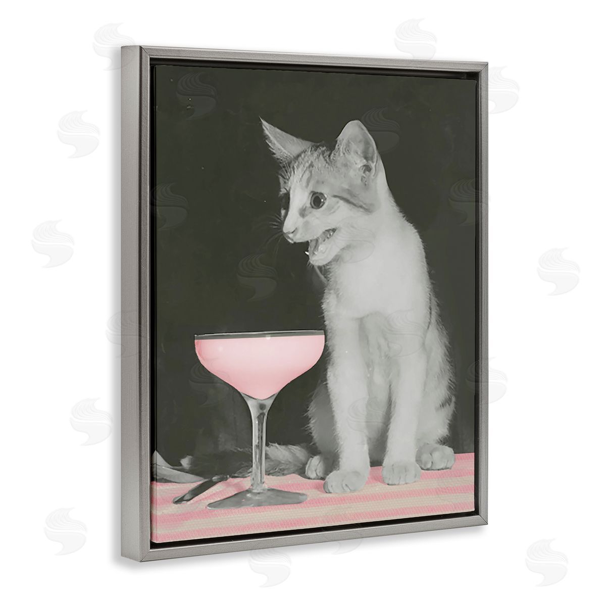 Cat & Pink Drink Grey Floating Frame Canvas Wall Art, Home Decor by Stupell Studio