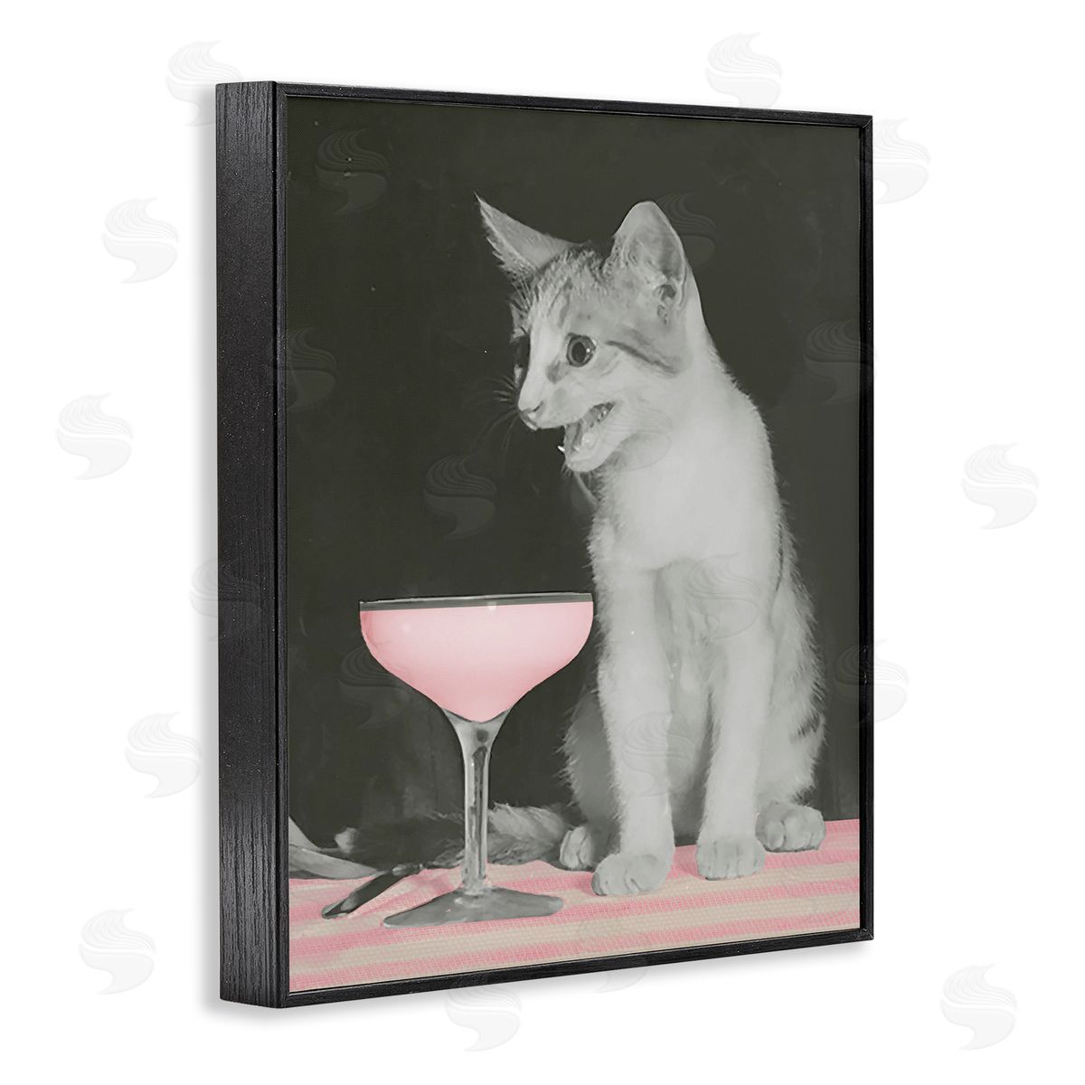 Cat & Pink Drink Black Frame Print Wall Art, Home Decor by Stupell Studio