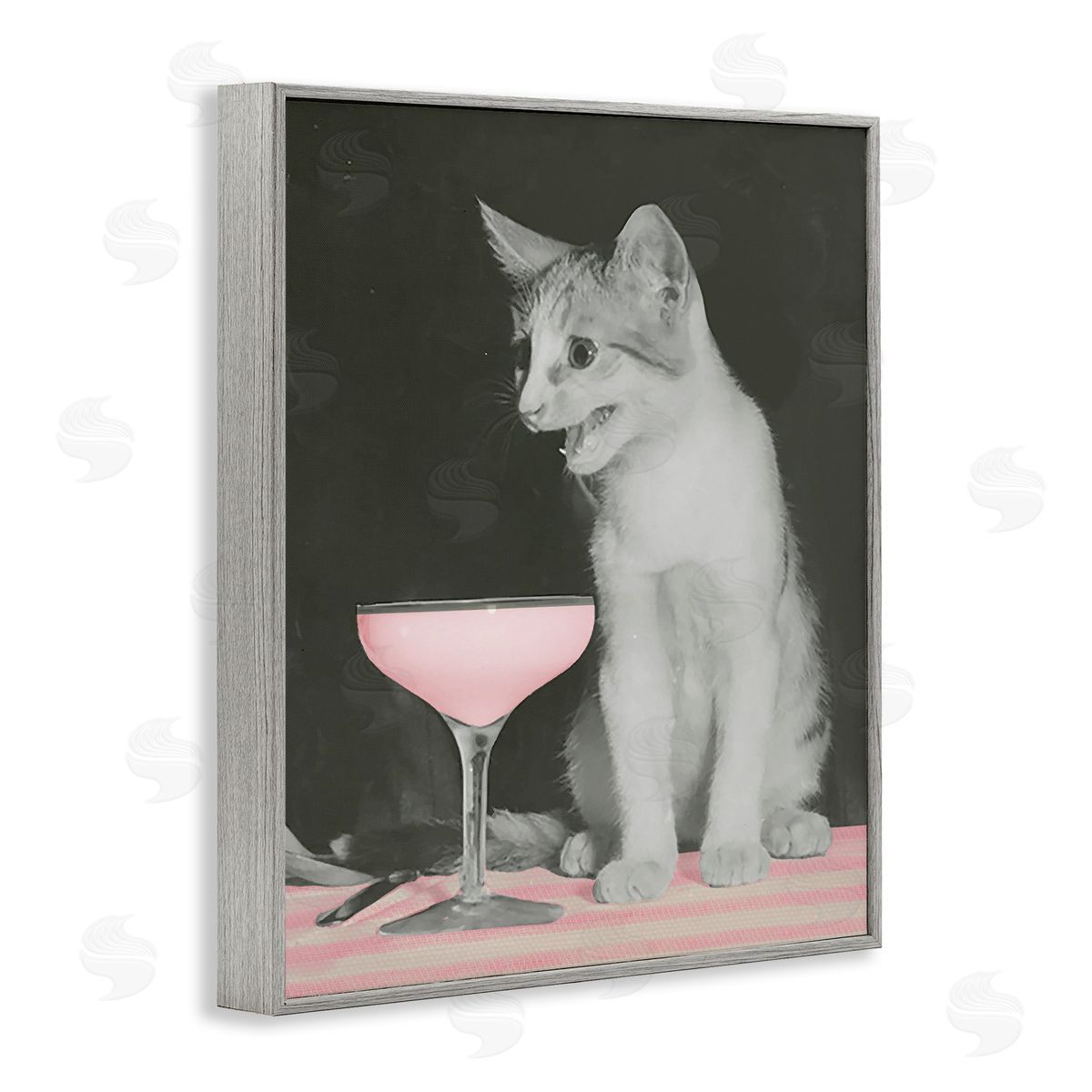 Cat & Pink Drink Grey Frame Print Wall Art, Home Decor by Stupell Studio